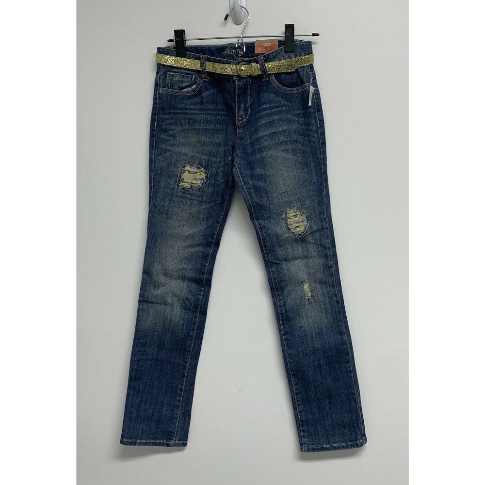 Old Navy Girls Skinny Blue Jeans Size 14 Belt Distressed Embroidered Adjustable
